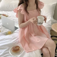 japanese soft girl sweet wind lovely pink pajamas square collar lotus sleeve loose housewear suspender nightgown female summer