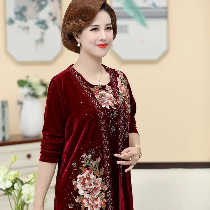 Бархатный топ с вышивкой золотистого цвета пальто для матери среднего возраста