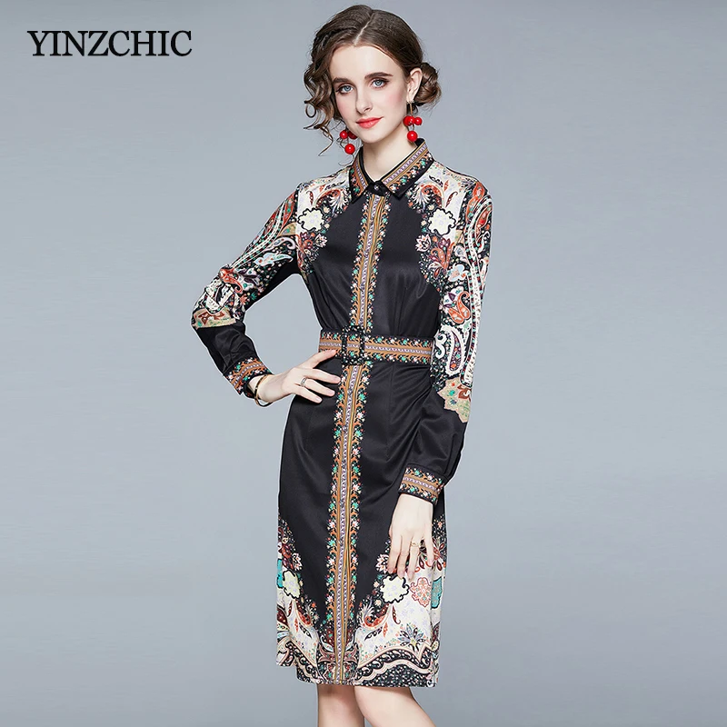 

Runway Style Vintage Dress Woman 2021 Spring New Office Lady Skirt Turn-down Collar Shirt Dress Casual Single Breasted Vestidos