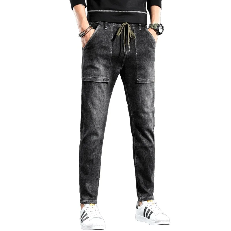 

Men Gray Black Jeans Slim Fit Pencil Pants Fashion Streetwear Drawstring Denim Trousers