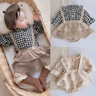 Комплект одежды для маленьких девочек 3, 6, 9, 12, 24 месяцев, зимний клетчатый Топ с длинным рукавом + комбинезон на бретелях, зимний комбинезон с цветочным принтом для новорожденных, наряды