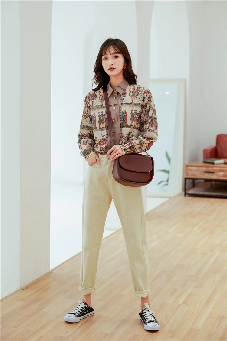 

Full Sleeve Single-Breasted Blouse Women Tops Clothes New Spring Autumn Printing Shirts Women Vintage