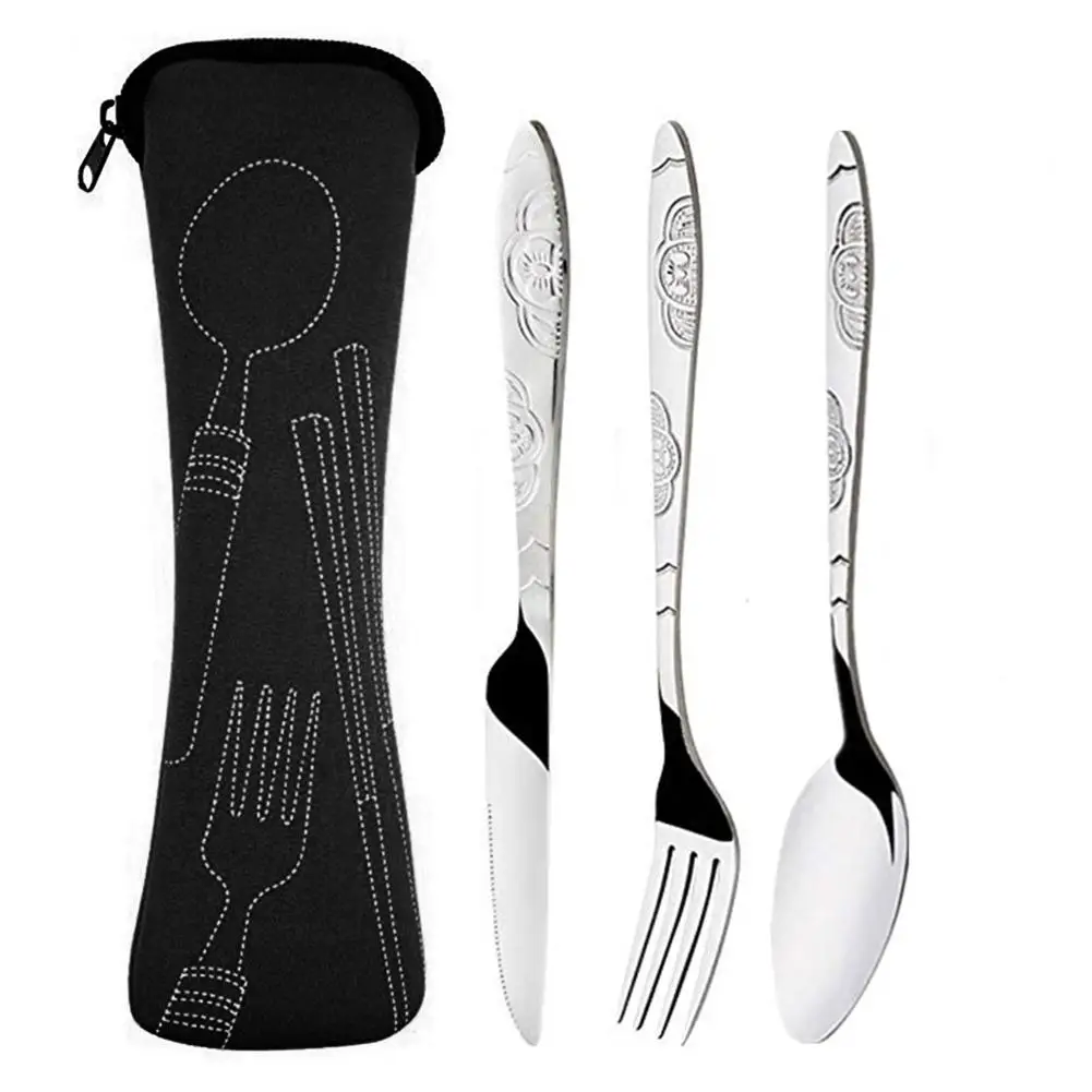 

3pcs Stainless Steel Cutlery Set Steak Knife Fork Spoon With Soft Cloth Bag Portable Camping Bag Picnic Outdoor Tableware