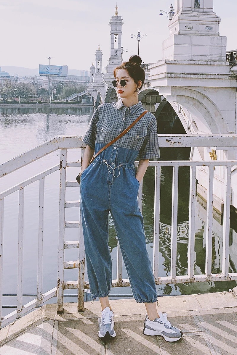 

Women Fashion Plaid Splice Denim Shirt Jumpsuit Overalls Short Sleeve Drawstring Streetwear Hip Hop Harem One Piece Jeans Pants