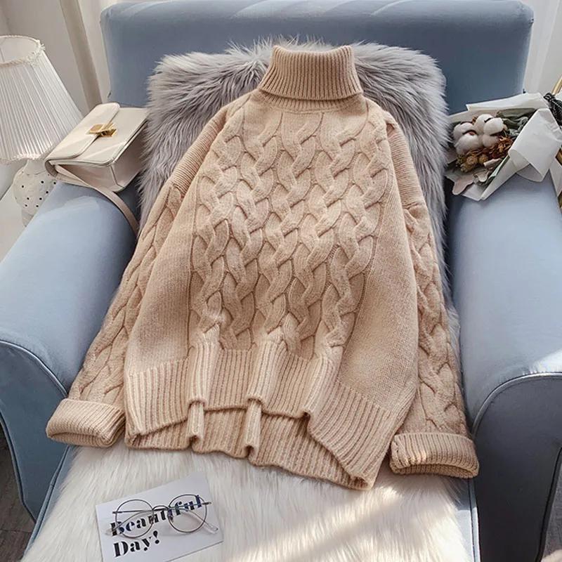 

EBAIHUI Woman Sweaters Solid Turtleneck Pullover Korean Fashion Jumper Knitted Thick Winter Clothes Long Sleeve Baggy Knitwear
