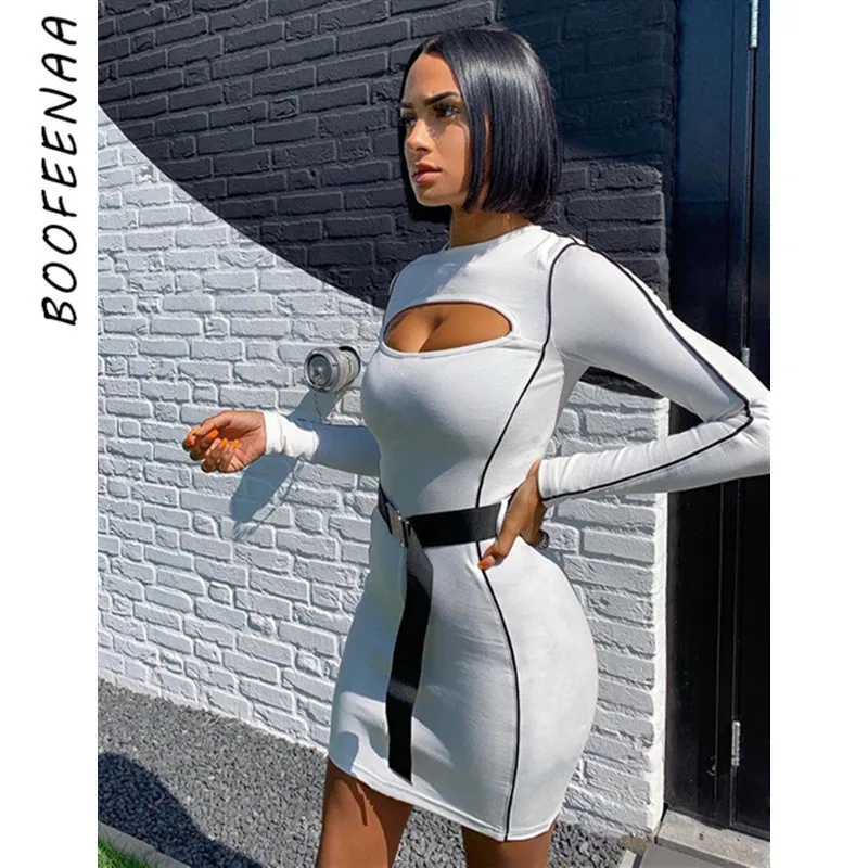 BOOFEENAA выдалбливают с длинным рукавом Мини Bodycon платье пряжкой ремень черно белые