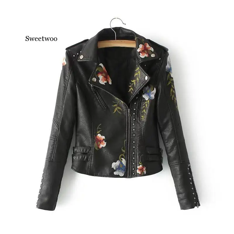 Women Floral Print Embroidery Faux Soft Leather Jacket Coat  Turn-down Collar Casual Pu Motorcycle Black Punk Outerwear