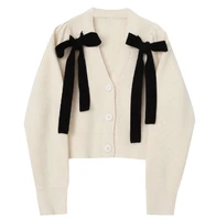 2022 bow knitted cardigan for womens early autumn new thin french sweet v neck single breasted long sleeve sweater top female