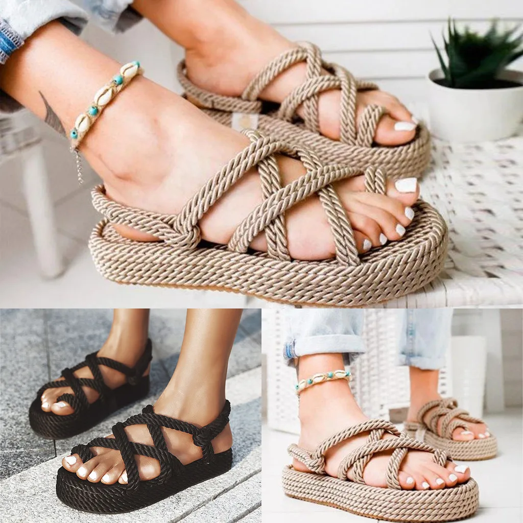 

2021 Summer Women Sandals Outdoor Beach Shoes Linen Rope Platform Slipper Non-slip Hiking Walking Shoes Zapatos De Mujer