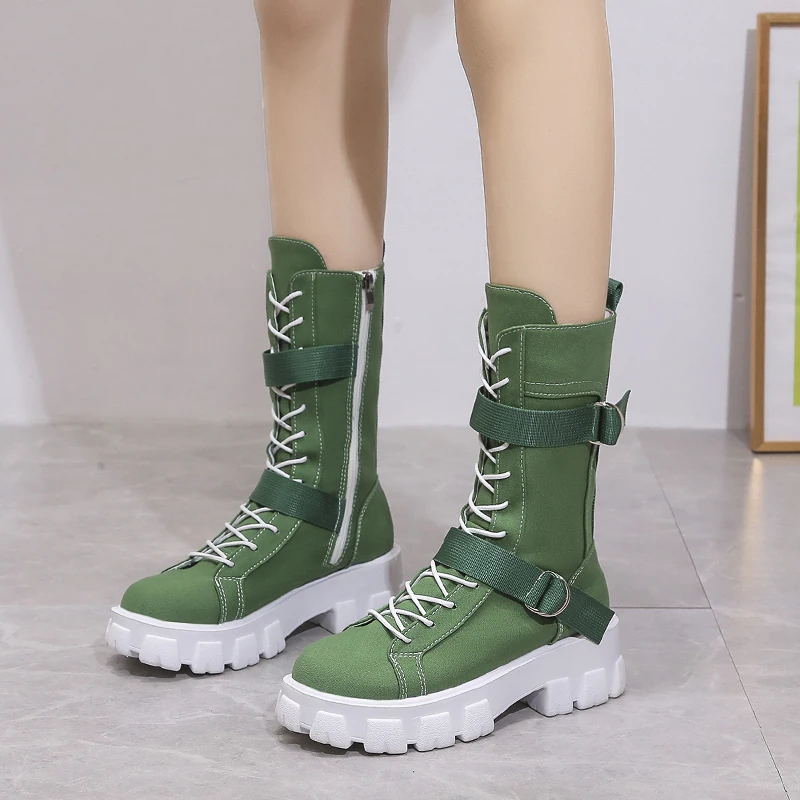 

Women's Mid-tube Boots 2021 New Style Buckle Lace-up Short Boots Round Toe Thick-soled Flat-heel Fashion Non-slip Women's Boots