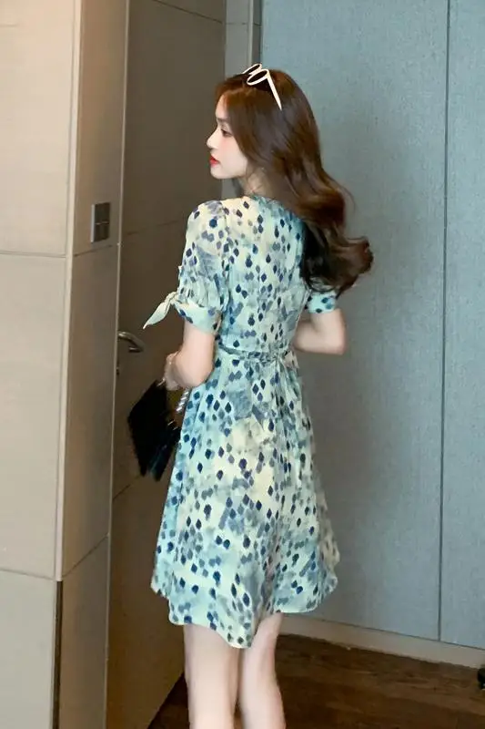 

COIGARSAM French Style Floral Print Women dress New Summer Chiffon Dresses Green 1859