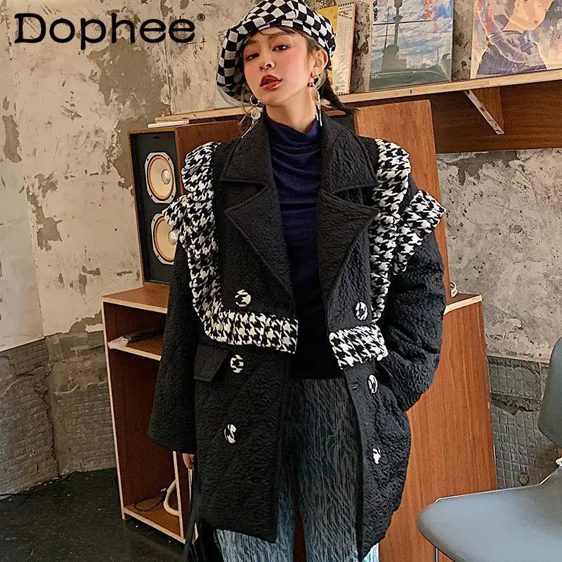 

2021 Winter New Cotton-Padded Coat Women Suit Collar Double-Breasted Houndstooth Ruffled Stitching Thicken Jacket Black Overcoat