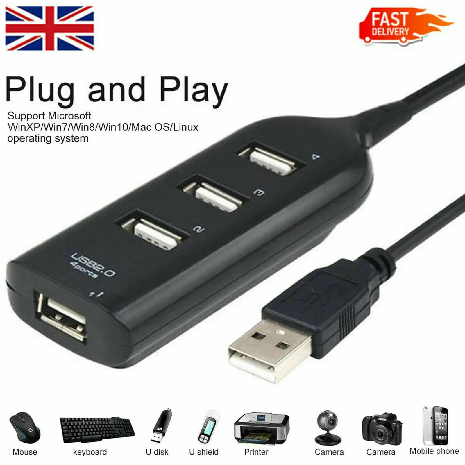 

High Speed 4 Port USB HUB 2.0 Multi Splitter Expansion Desktop PC Laptop Adapter