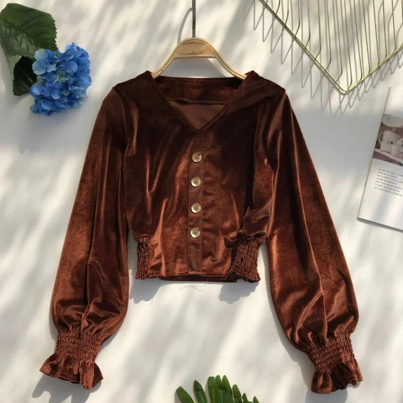 

2020 Hot Sale Women Tops Sexy Long lantern Sleeve Black Velvet Pullover Solid V-Neck Tee Shirt Plus Size Casual Tops