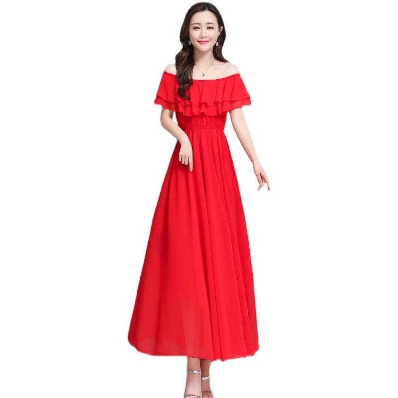 

Chic Elegant Off Shoulder Maxi Dress Women Solid Chiffon Ruffle Sleeves Party Dresses 2021 Summer Vintage Beach bohemia Vestidos