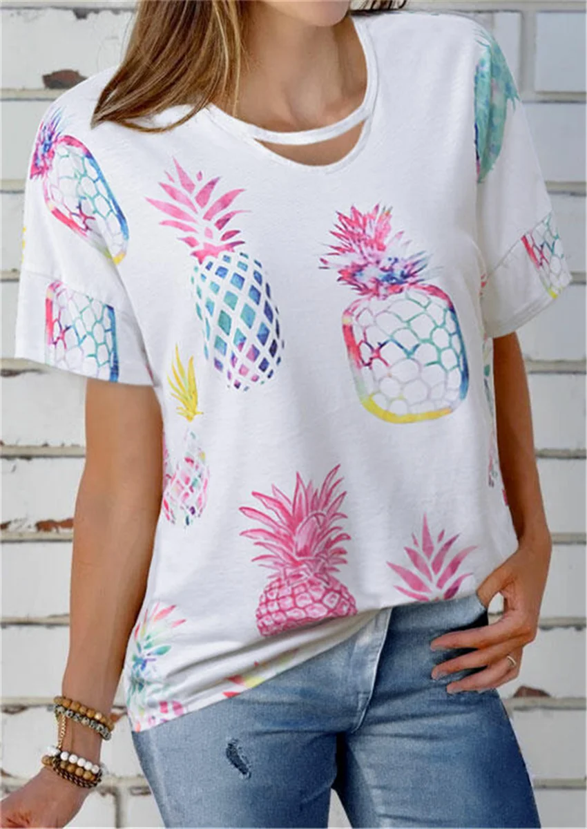 

2020 Women Clothes Contrast color Pineapple Print Halter Top Tee Aesthetic Graphic Tee Female Casual Short Sleeve Women t shirt