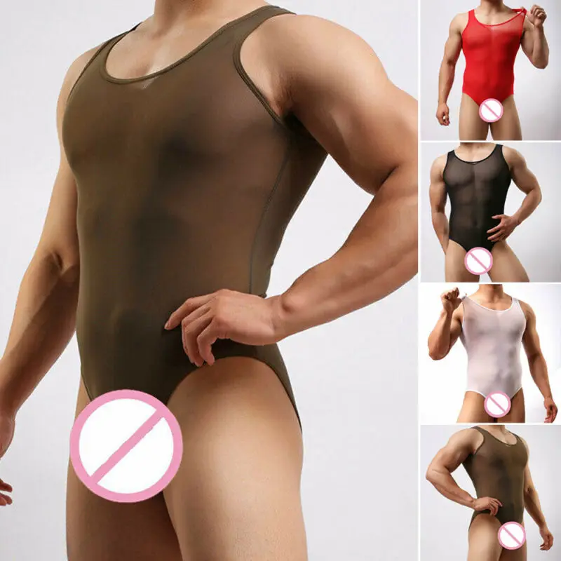 UK мужчины без рукавов боди трико стринги Сетка Прозрачная Боди Нижнее белье