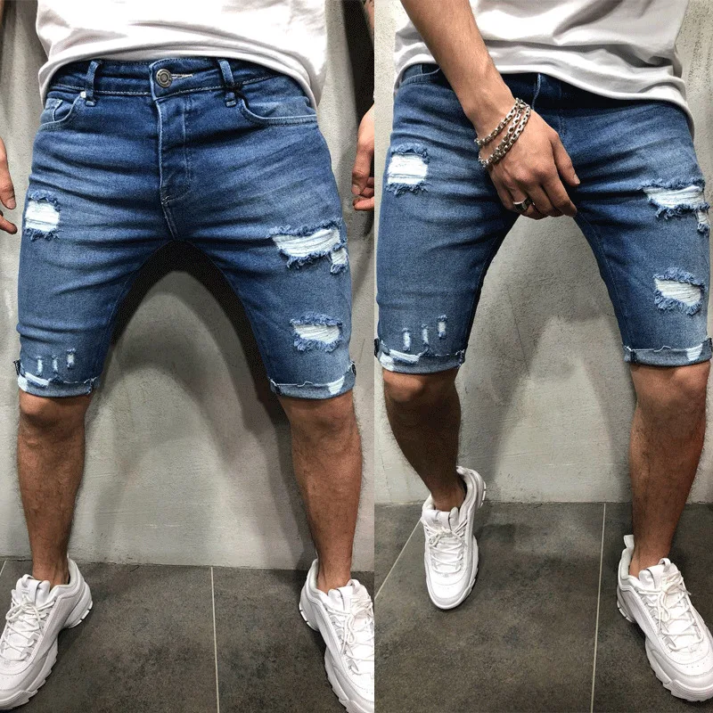 

Мужские рваные джинсовые шорты, зауженные брюки скинни с потертостями
