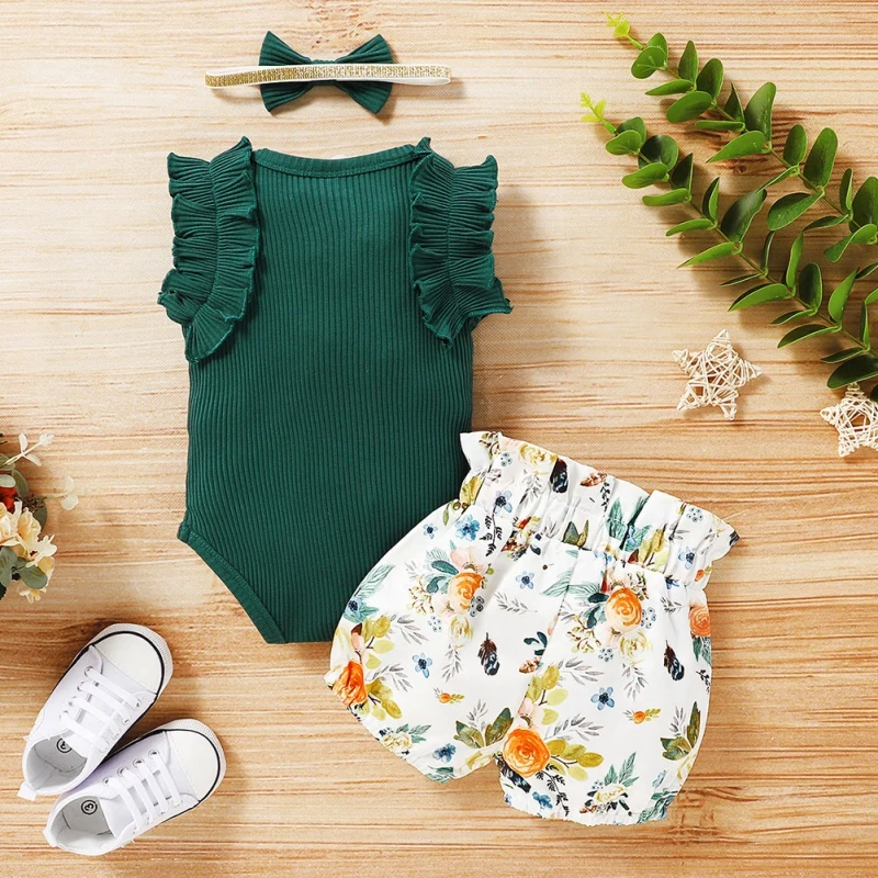 Комплект одежды для маленьких девочек летний однотонный комбинезон без рукавов