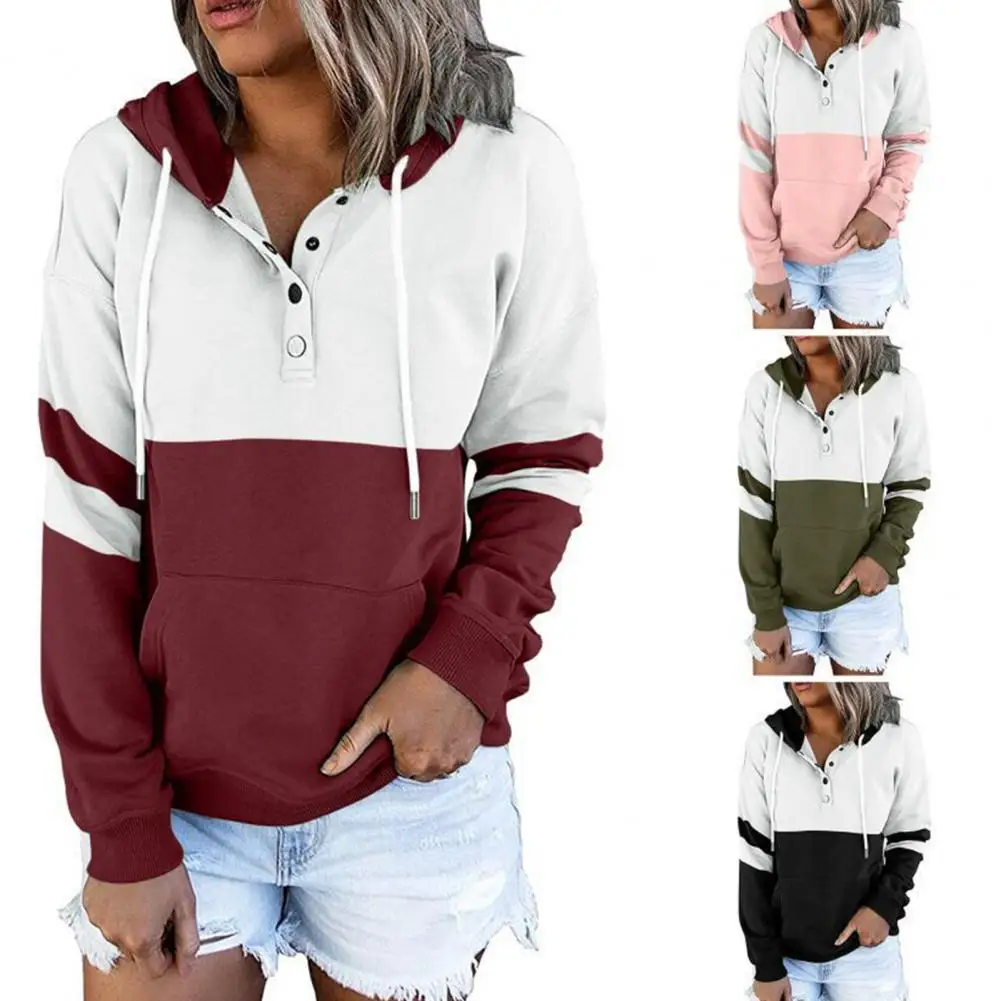 

Hoodie Contrast Colors Warm Hooded Drawstring Lady Sweatshirt for Autumn