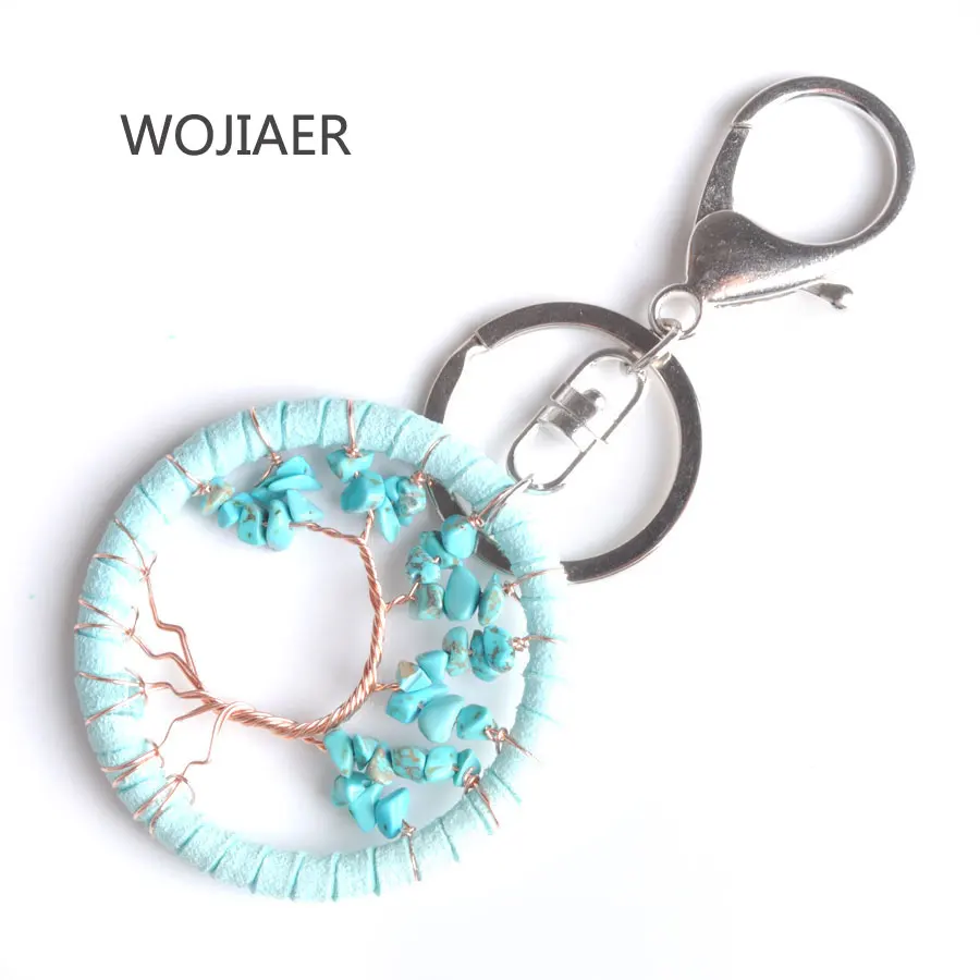 

WOJIAER Tree of Life Key Ring Natural Stone Chip Bead Handmade Leather Cord Wrap Keychain Crystal Women Bohemia Jewelry PBM107