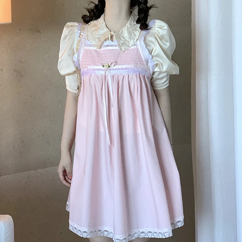 

Sweet 2 Piece Set Women Summer Beige Satin Shirt Puff Sleeve Floral Embroidery Pink Lace Trim Dress Folds Ribbons Kawaii Clothes