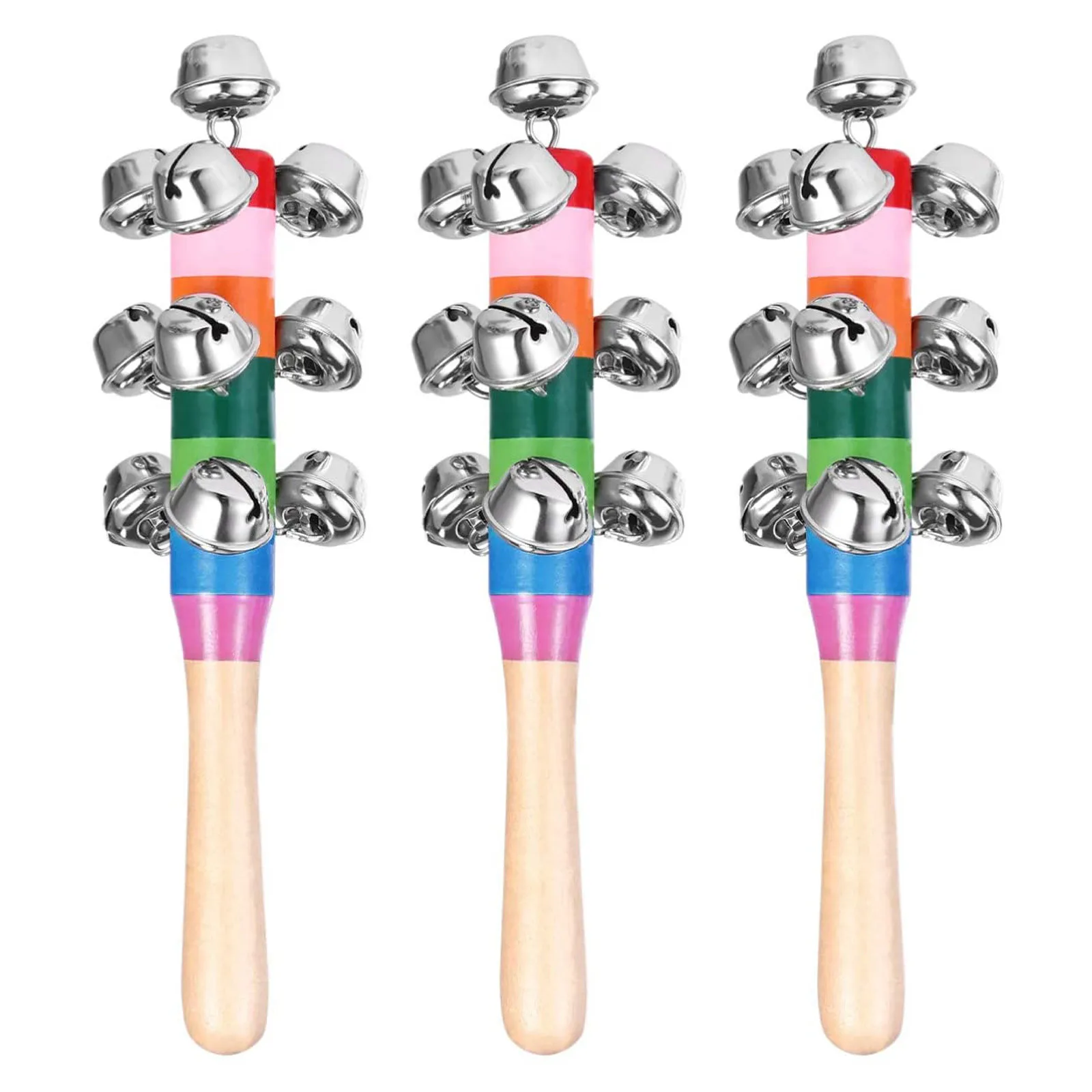 #50 3Pcs Christmas Baby Hand Jingle Bells Hand Sleigh Bells Wooden Decoration Bells Musical Instrument Colorful Rainbow Rattle