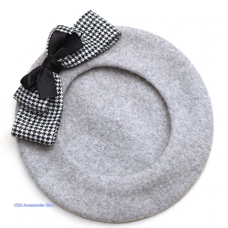 

Japanesse Original Soft Sister Lolita Black Berets Autumn Winter Women British Style Vintage Plaid Bowknot Wild Student
