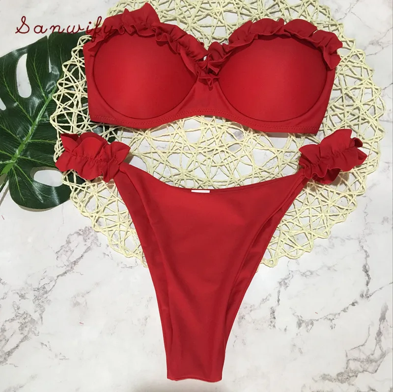 

Padded Push Up Bikini Set Underwire Flower Ruffles Swimsuit For Women Sexy Solid Bathing Suit 2018 Summer Biquini