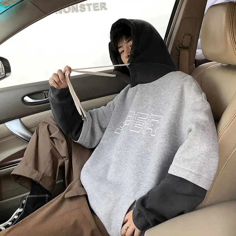 

Sweatshirts Men's Spring Autumn New Korean Loose Color Contrast Fake Two-piece Top Casual And Versatile Hooded Couple's Wear