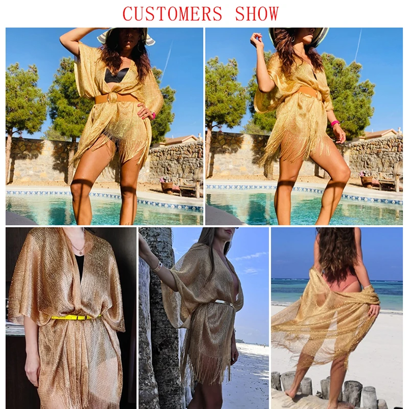 

2022 Модная Золотая накидка на бикини с кисточками, сексуальное пляжное платье, туники для женщин, пляжная одежда, летняя прозрачная накидка н...