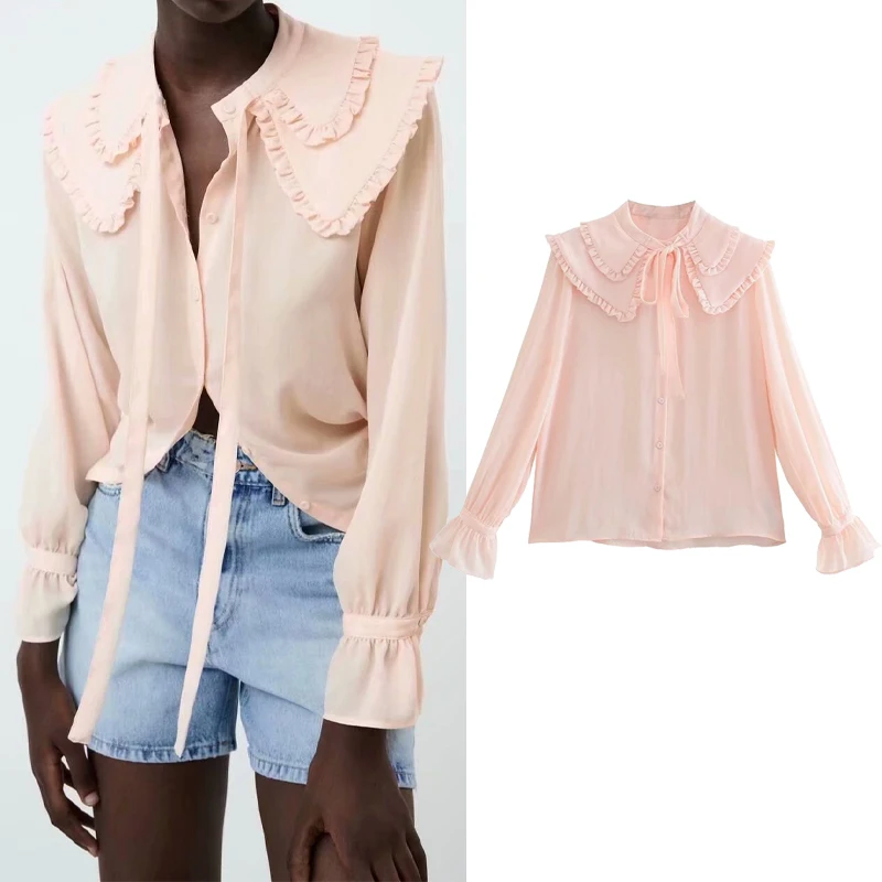 

ZA 2021 Pink Elegant Frilly Shirt Women Long Puff Sleeve Double Lapels Ruffle Blouse Woman Fashion Button Up Summer Blouses