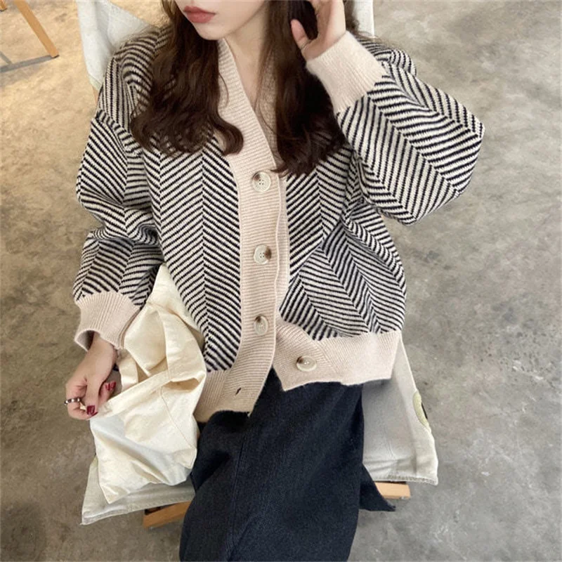 Весенний женский кардиган свитера винтажный полосатый однобортный жакет с