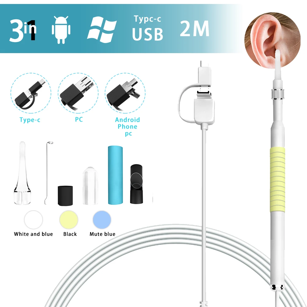 3 в 1 Ушная очистка эндоскоп камера 2 м 5 мм HD USB Otoscope визуальная ложка микро