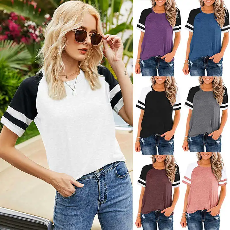 

2021 spring and summer new simple women's spliced rotator cuff stripes hit color casual loose T-shirt women tops
