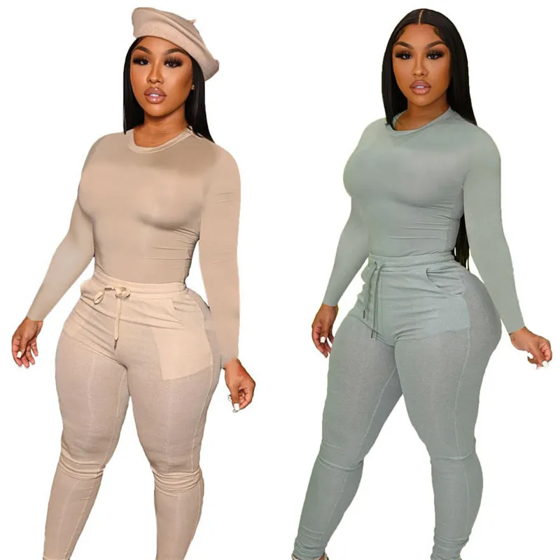 

WUHE Autumn Solid Sport Women's Set Long Sleeve T Shirt and Pants Suit Active Sweatsuit Tracksuit Two Piece Set Fitness Outfits