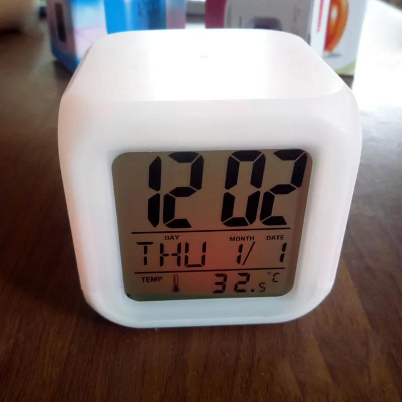 Home Desk Cube Alarm Clock LED Digital 7 Color Changing Light Night Glowing Kids Children Gift | Дом и сад