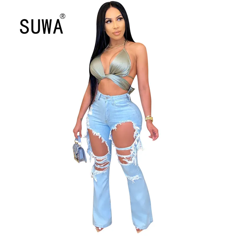

New Hole Women Sexy Destroyed Torn Hole Denim Jeans High Waist Stretch Harem Pants Slim Denim Jeans Women