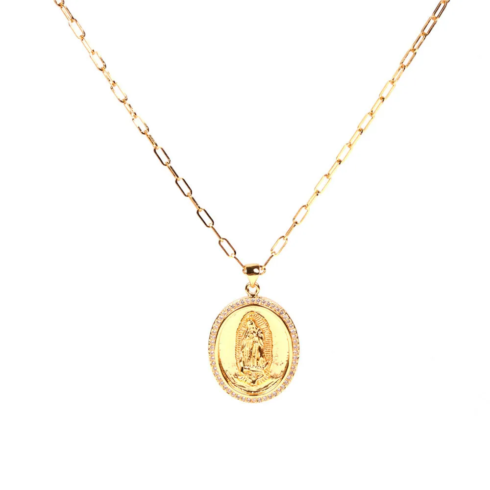 

Овальный Кулон Eikon в стиле ретро с фианитом Христовой веры ААА, медная позолоченная цепочка, Очаровательное ожерелье Девы Марии для женщин, ...