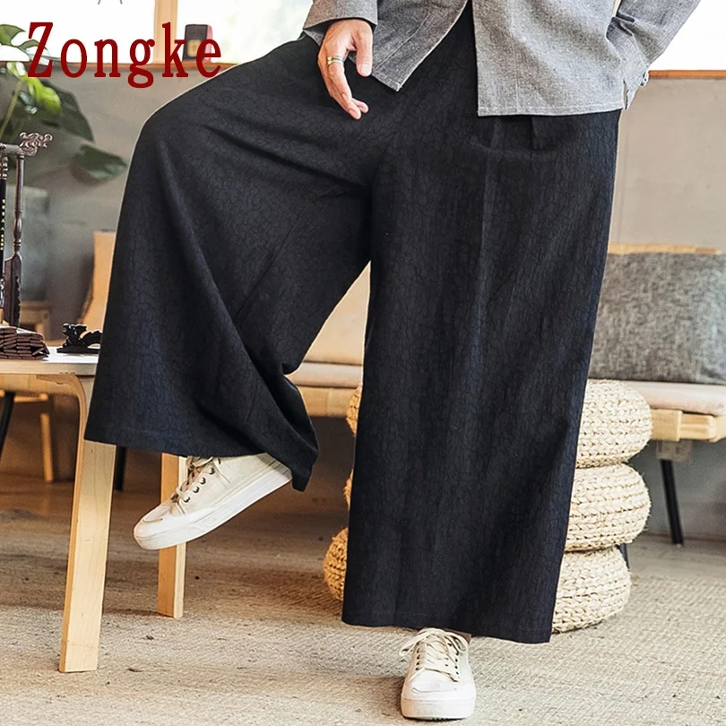

Zongke Linen Men's Pants Harajuku Men Clothing Linen Wide Leg Pants Men Trousers Hip Hop Streetwear M-3XL 2021 New Arrivals