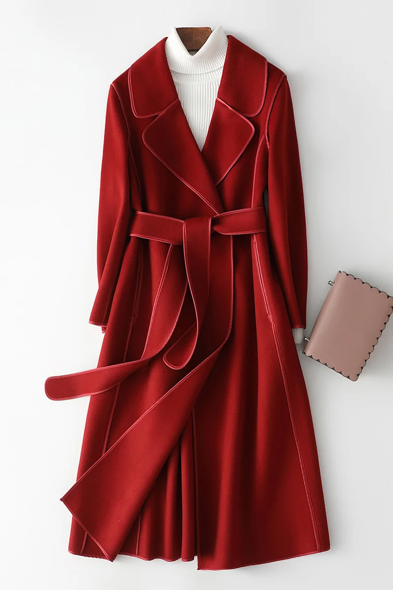 

Red double faced sweet woolen coat Long women's coat 2020 new fashion design sense minority coat