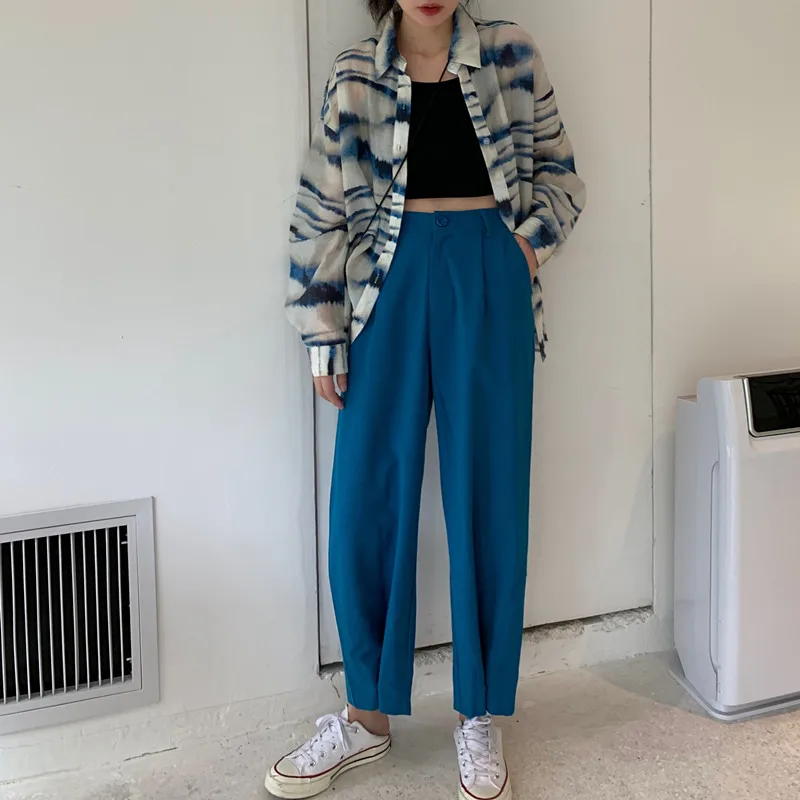 REALEFT/осенний модный костюм широкие брюки свободные с высокой талией повседневные