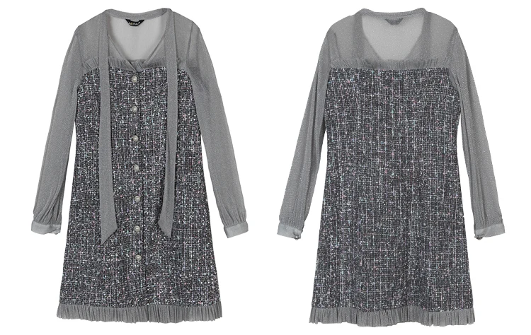 L~ 4XL 5XL сексуальное прозрачное Сетчатое твидовое платье весеннего размера плюс с бантом из ленты однобортное трикотажное платье с длинным рукавом AOFULI A4064