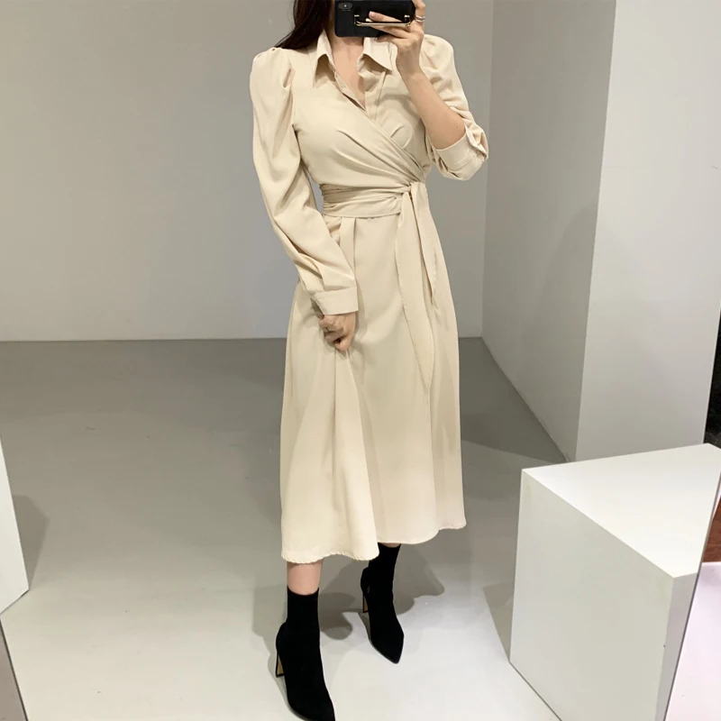 Spring Summer 2021 New Women Dress Long Sleeve Turn Down Collar Shirt Lace Up Ladies Casual Dresses Vestidos | Женская одежда