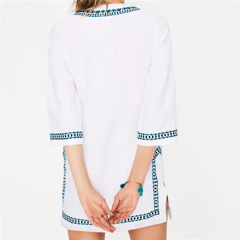 Женское пляжное платье с вышивкой белое хлопковое туника в винтажном стиле