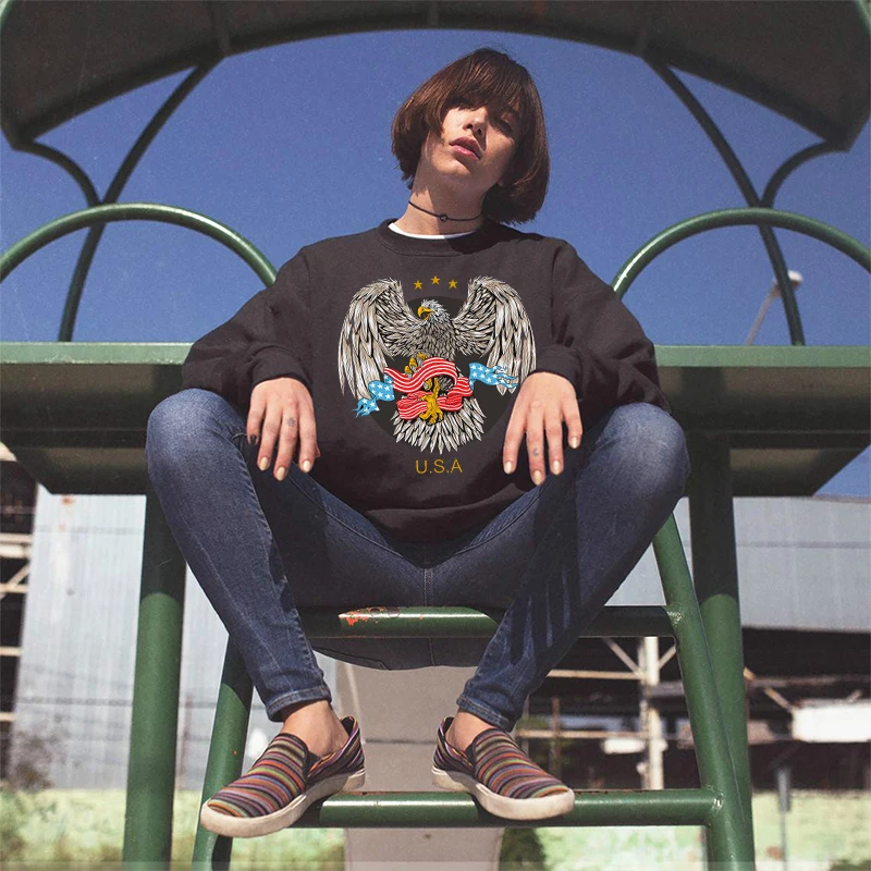 

2021 Spring Vintage Women Sweatshirts Oversized Loose Graphic Round Neck Pullover Thick Warm American Trendy Eagle Cool Clothes
