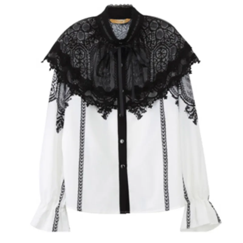 Шифоновые кружевные рубашки в полоску с бантом ретро-стиле облегающие Блузы