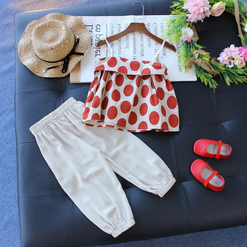 2Colours Children Summer Outfits 2020 Kids 2pieces Tracksuit Dot Sling Top+Pants Girls Clothing Sets Baby Girl Clothes Set | Детская