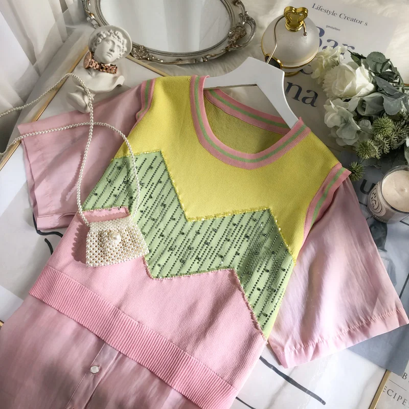 

2021 Summer French Fake-Two-Piece Beaded Women Shirt Patchwork Knitting Top Ladies New Western Style Fashion Pullover Blusas