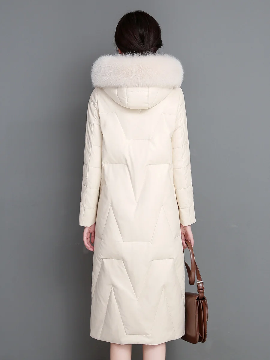 New Women Leather Down Coat Winter Fashion Real Fox Fur Collar Hooded Loose Sheepskin Overcoat Thick Warm Long Outerwear Female